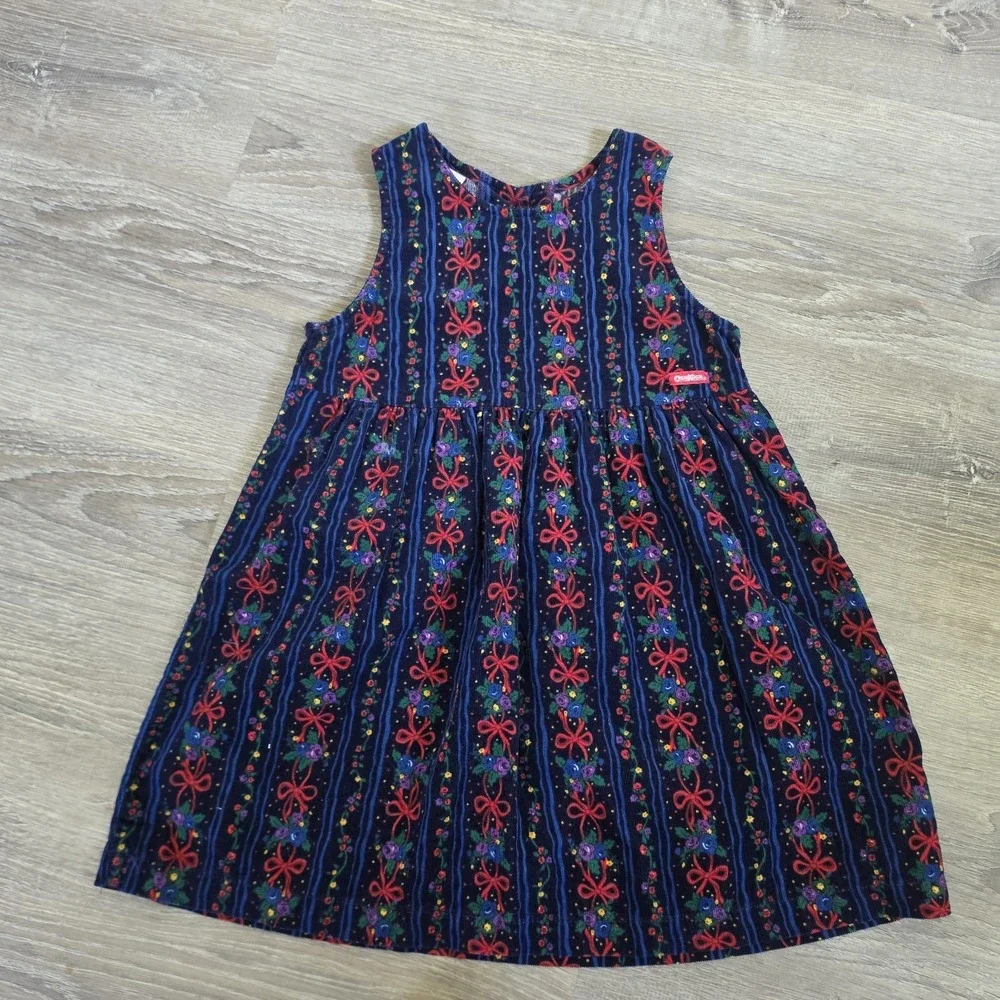Vintage 1981 OshKosh B'gosh Corduroy Jumper Dress Girls 6X Bows Holiday USA Navy